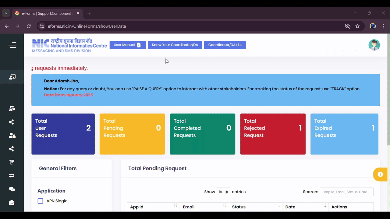 Screenshot of dashboard with VPN Service link selected